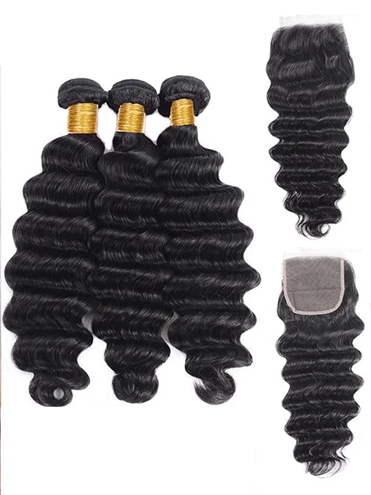 Loose Deep Wave Bundles With Lace Closure 12A Brazilian Virgin Human Hair Weave