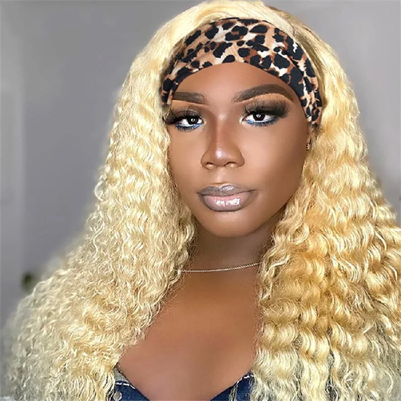 #613 Headband kinky curly Human Hair Wigs Full Machine Made None Lace Wig