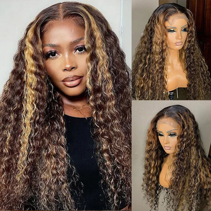 Blonde Balayage On Brown Hair Deep Wave Lace Front Wig Highlaight 13x4/4x4 HD Lace Human Hair Wigs