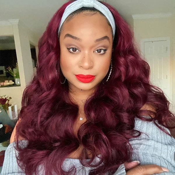 Body Wave Burgundy Adjustable Headband Wig Glueless 99J Colored Human Hair Wigs