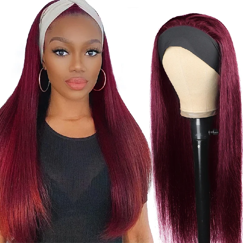 Burgundy Straight Hair Headband Wigs For Women Lumiere Hair Peruvian Full Machine Made Colored Human Hair Wigs