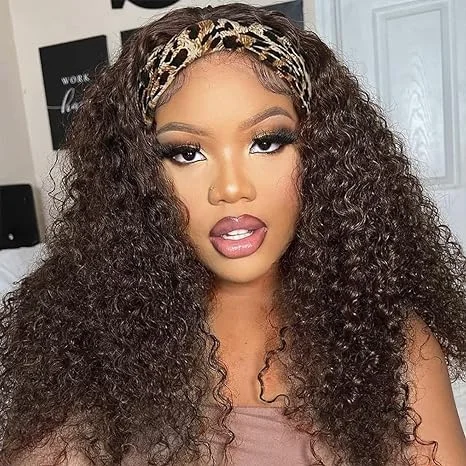 Chocolate Brown Kinky Curly Headband Wigs Human Hair Wigs for Women