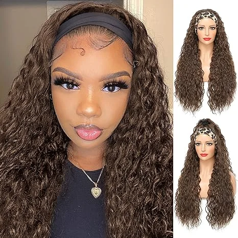 Chocolate Brown Water Wave Headband Wig for Women None Lace