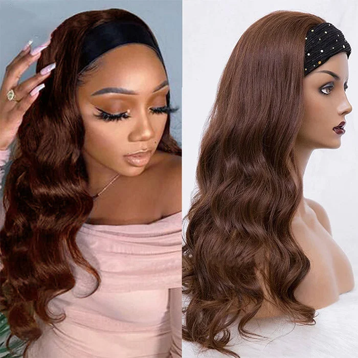 Color #4 Brown Body Wave Headband Human Hair Wigs For Black Woman No-Lace