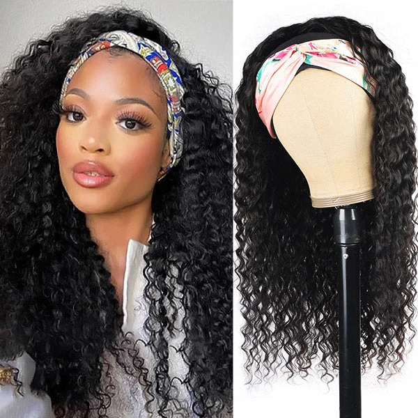 28'' Glueless Curly Headband Wig No Lace Kinky Curly Human Hair Wigs