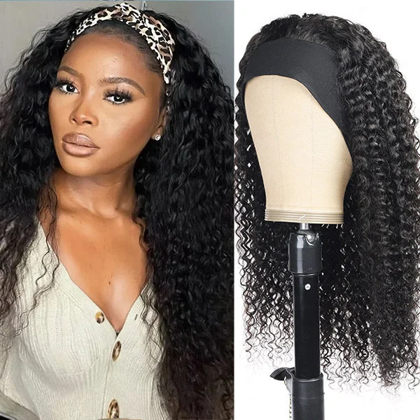 Deep Wave Headband Wig No Lace No Glue Pre Attached Scarf Wig