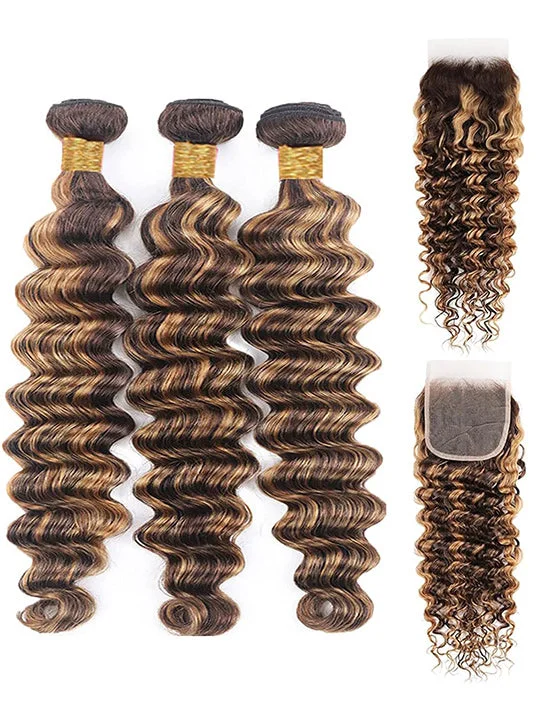 P4/27 Highlight Deep Wave Human Hair 3 Bundles With Closure 12A Brazilian Hair