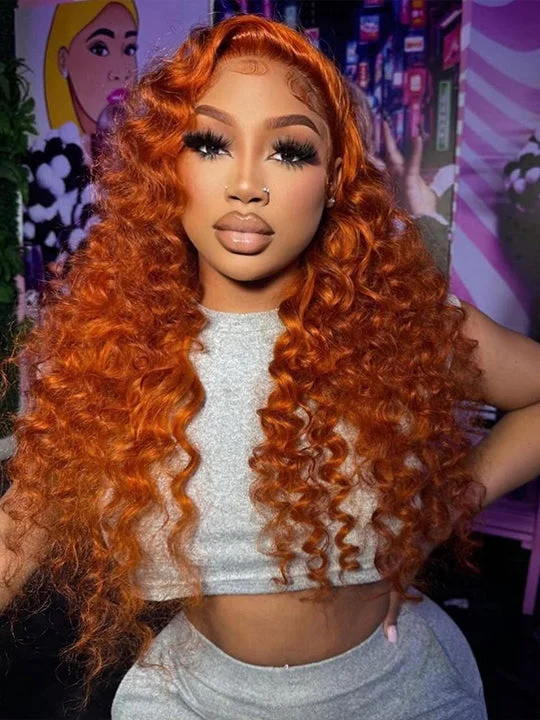 Deep Wave Ginger Orange 360 Lace Frontal Wig Pre Plucked Human Hair Wigs