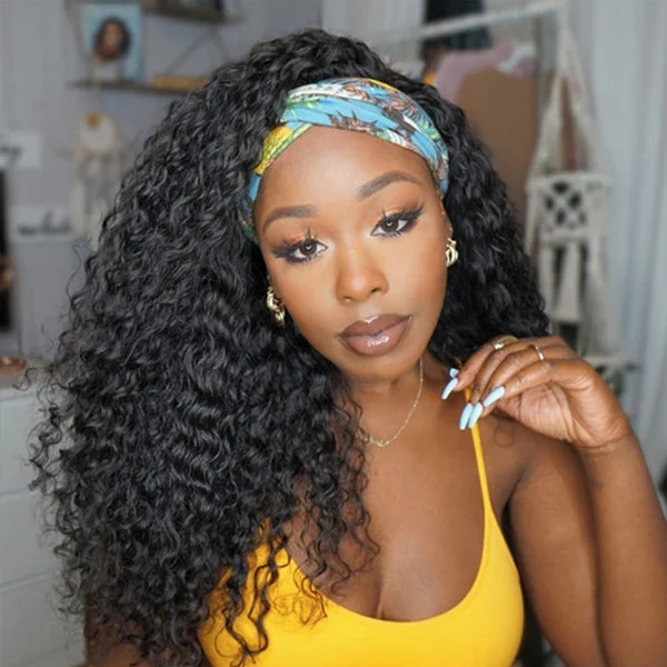 Glueless Headband Wig Human Hair Deep Wave Wig Brazilian Remy Scarf Wig 150%