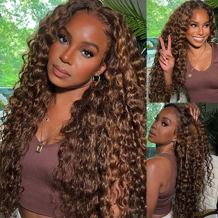 Highlight Piano Color Deep Wave Lace Front Wig Highlight Brown With Blonde Deep Curly Human Hair Wigs