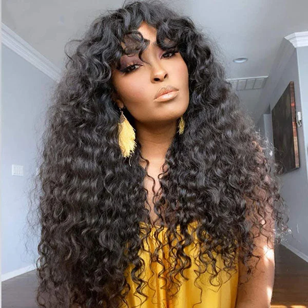 Junoda Deep Wave Wig with Bangs Wear & Go 2 Minutes Install Glueless Human Hair Wig