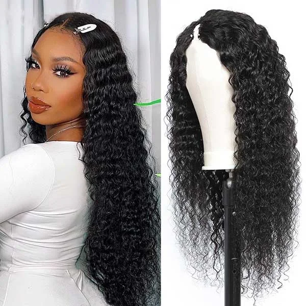 Junoda Glueles Deep Wave V Part Wig with Clips No Leave Out Put & Go Human Hair