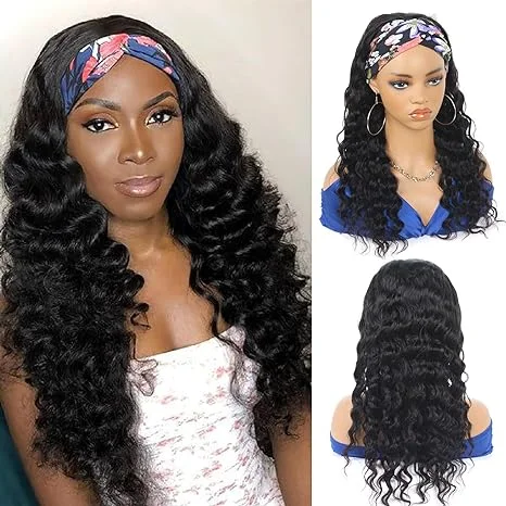 Loose Deep Headband Wig Natural Black Machine Made Non-Lace Wig