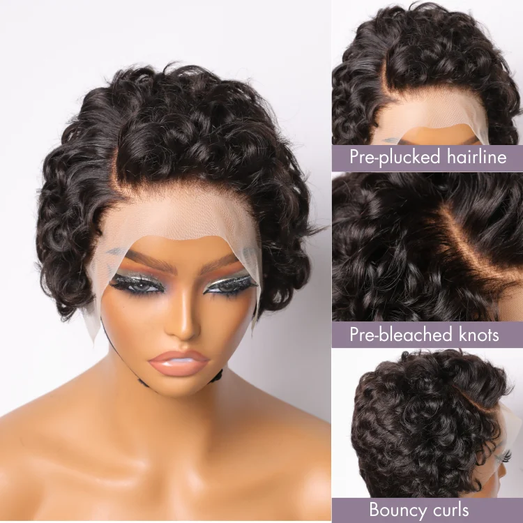 Natural Black Ocean Wave Short Pixie Cut 13x4 Frontal Lace Wig