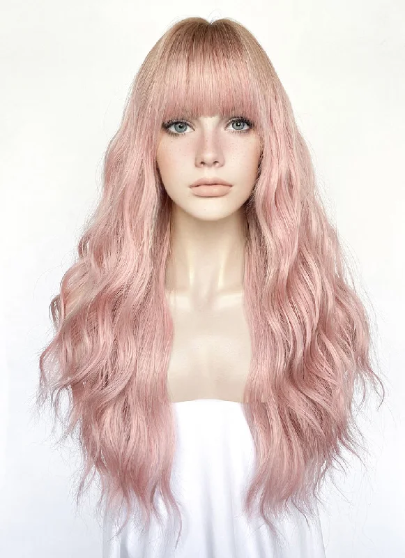 Pastel Pink With Brown Roots Wavy Synthetic Hair Wig NS516