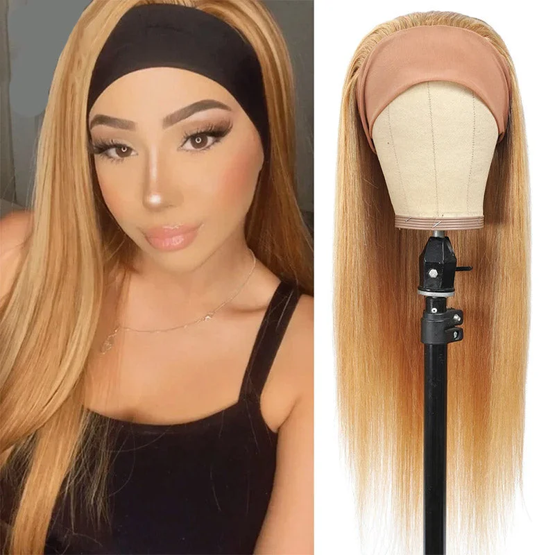 #27 honey blonde Headband Wig Human Hair Straight Brazilian Wigs Full Machine Made Wig For Women