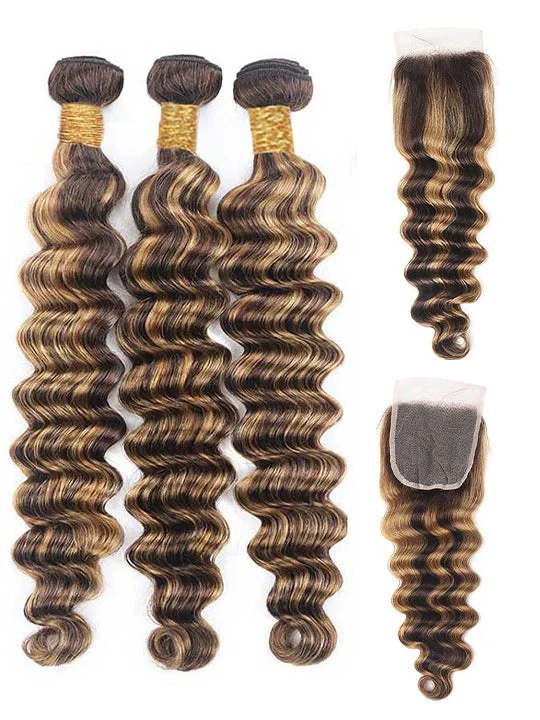 Bleached Knots Brown Highlighted Bundles With Closure Loose Deep Wave 12A Virgin Hair