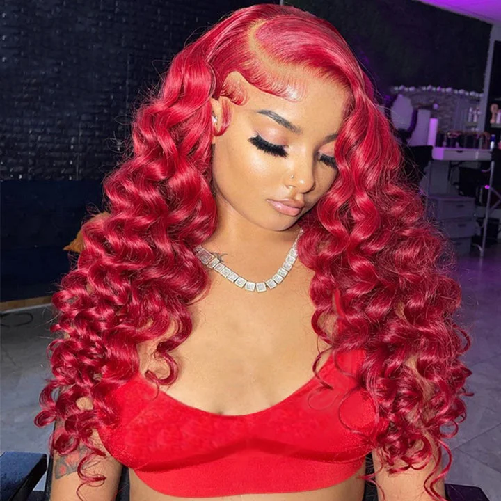 Red Loose Deep Wave Lace Front Wig Colored HD Transparent Lace Human Hair Wigs