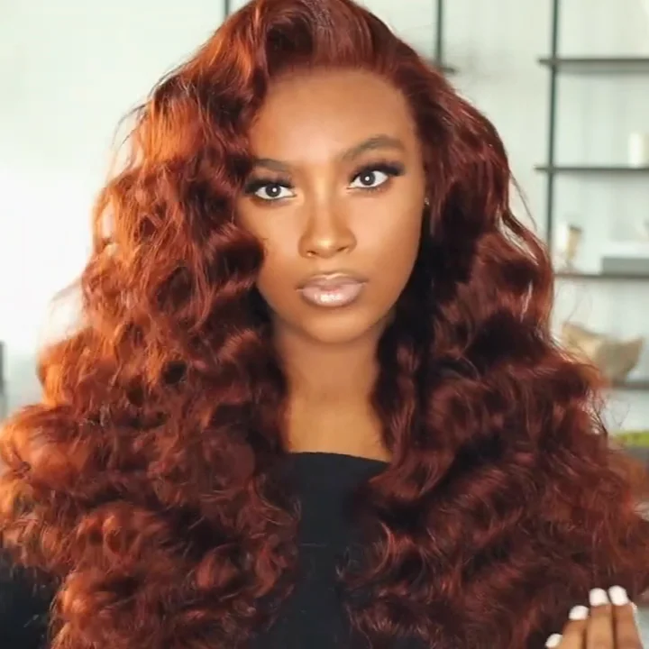 Reddish Brown Loose Deep Wave Undetectable HD Lace Front Wig Dark Auburn Pre Plucked Human Hair Wigs-Geeta Hair