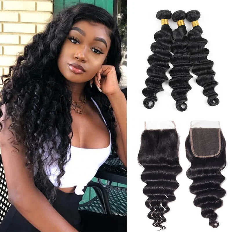 Wavymy Loose Deep Wave Hair Weave 3 Bundles With 4x4 Lace Closure 100% Human Virgin Hair