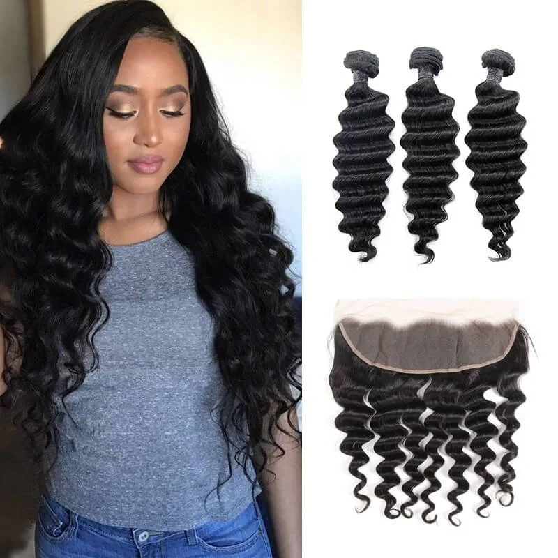 Wavymy Loose Deep Wave Virgin Human Hair 3 Bundles With 13x4 Lace Frontal