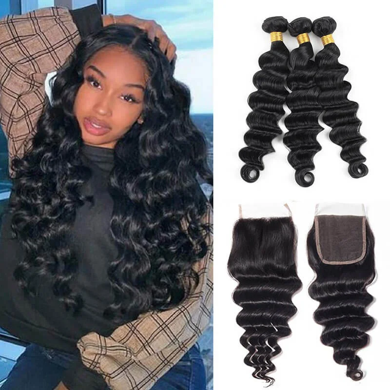 Wavymy Loose Deep Wave 5x5 Lace Closure With 3 Bundles Human Virgin Hair Weave