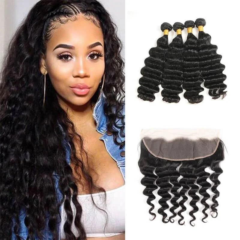 Wavymy Loose Deep Wave Human Hair 13x4 Lace Frontal With 4 Bundles