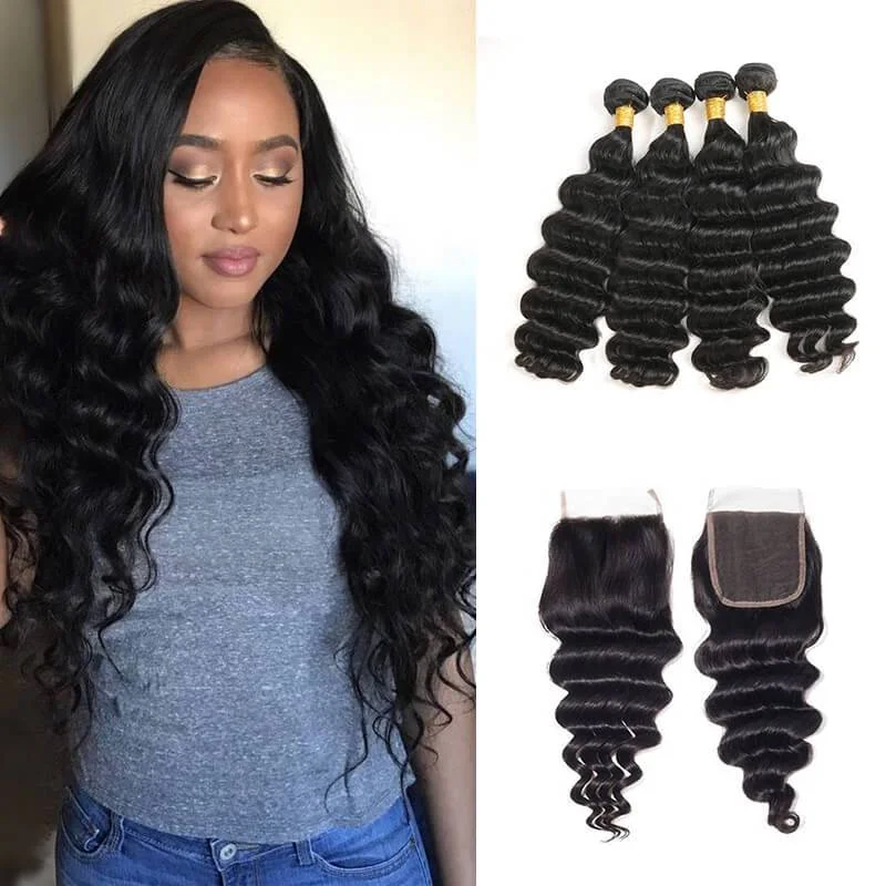 Wavymy Virgin Human Hair Weave Loose Deep Wave 4 Bundles with 4x4 Lace Closure