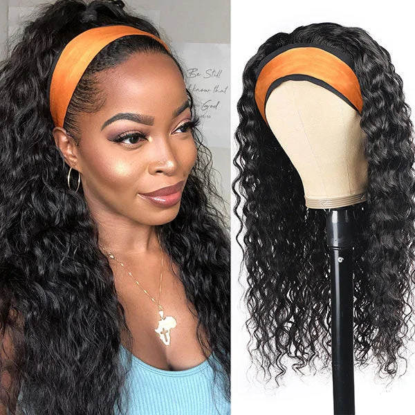 Water Wave Headband Wigs Glueless Human Hair Wigs With Scarf Half Wig