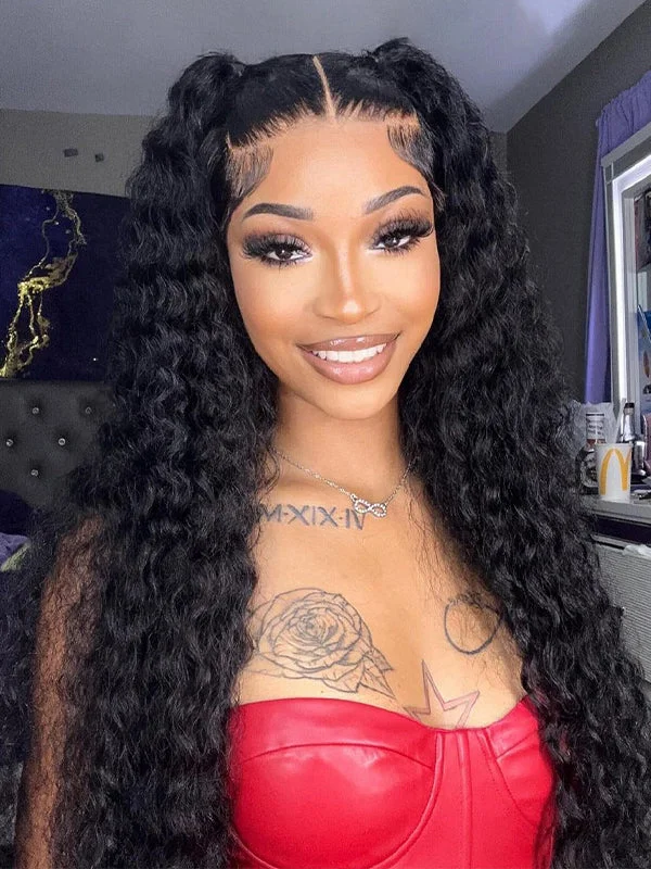 Wavymy 13X4 HD Lace Frontal Wigs Deep Wave Lace Front Swiss Lace Wig Natural Color