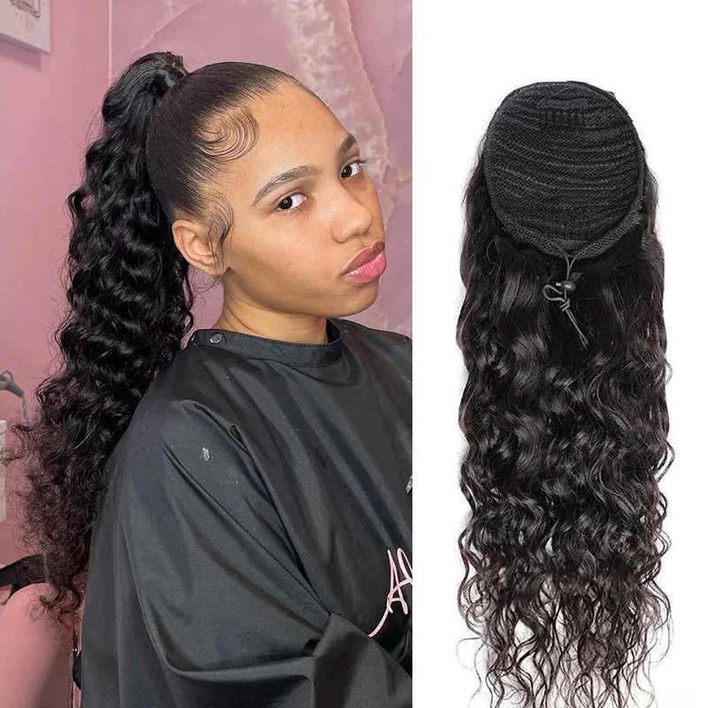 Wavymy Deep Wave Drawstring Ponytail Wrap Around Ponytail Long Human Hair