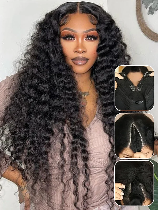 Wavymy Deep Wave V Part Wigs Natural Black Color Beginner Friendly Human Hair Thin Part Wig 180% Density