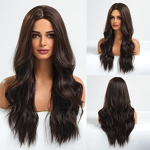 24 inch Wavy Long Brown Middle Parting Heat Resistant Synthetic Wig