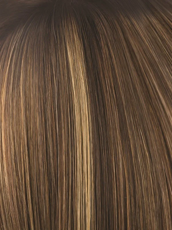 ALMOND ROCKA R | Rooted Dark Golden Brown base color with Strawberry Blonde and Bright Cooper evenly blended highlights