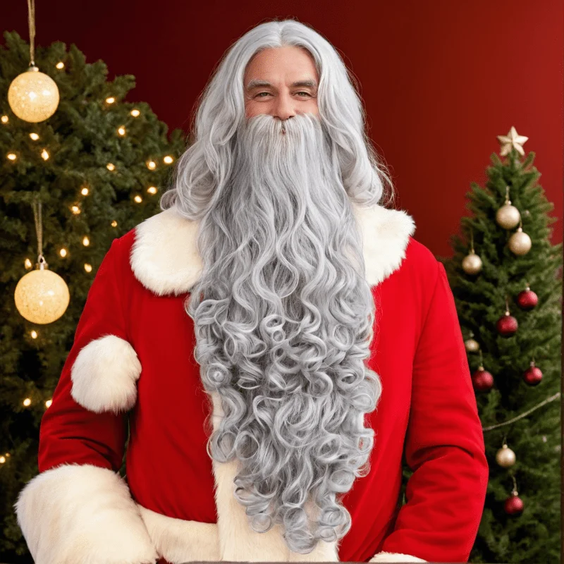 Christmas Santa Claus Gray Curly Hair Wig And Extra Long Beard Set For Party