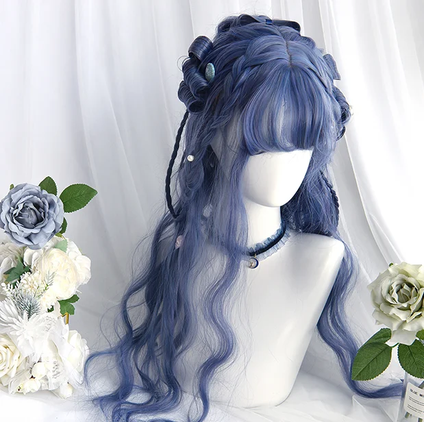 Harajuku lolita blue long curly wig yv30399