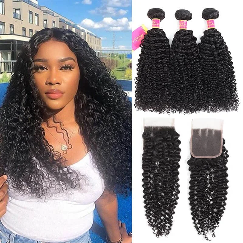 Kinky Curly Hair 3 Bundles With 4*4 Lace Closure Soft Brazilian Human Hair Weft