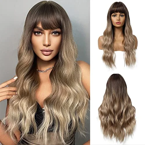 Long Wavy Ash Blonde wig with bangs