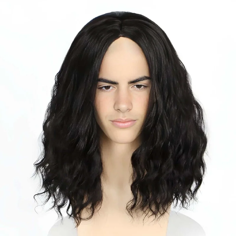 Men Black Long Curly Goth Wig Middle Part Thick For Cosplay Costume