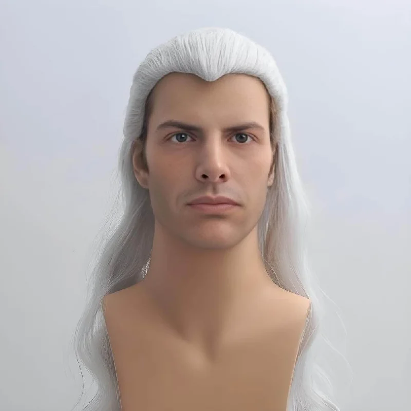 Men Silver White Cosplay Wig Widow's Peak Slicked Long Curly Hair For Halloween Costume Party