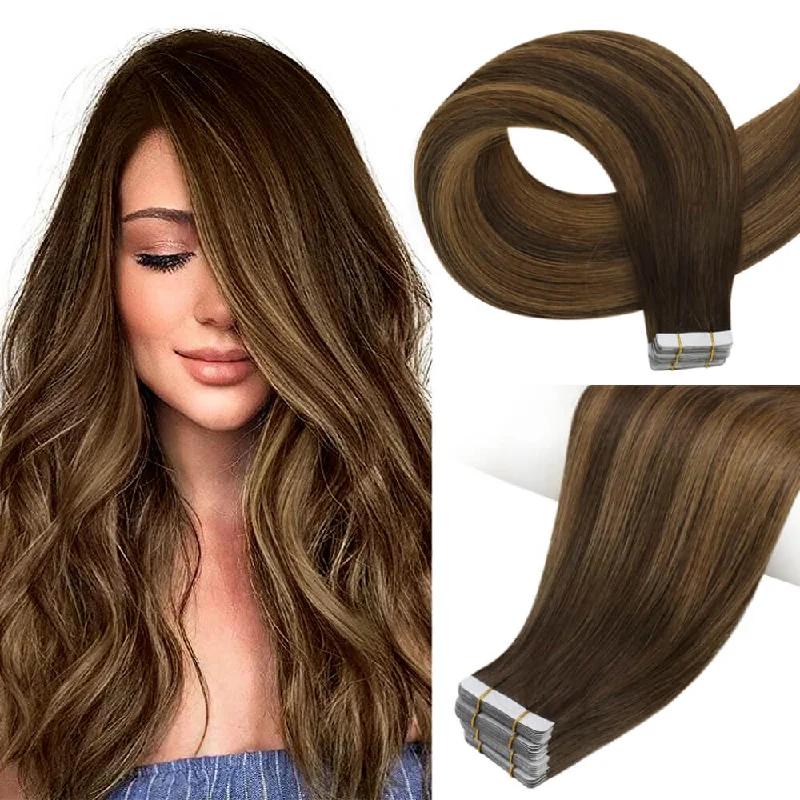 [US]Moresoo Tape In Human Hair Extensions Virgin Brazilian Hair Brown Balayage Hair (#DU)