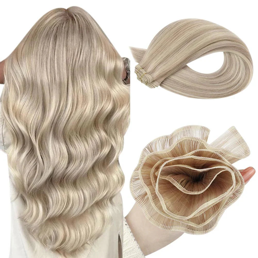 [US]Moresoo Weft Extensions Virgin Silk Flat Human Hair Bundles Highlight Blonde (#18P/613)