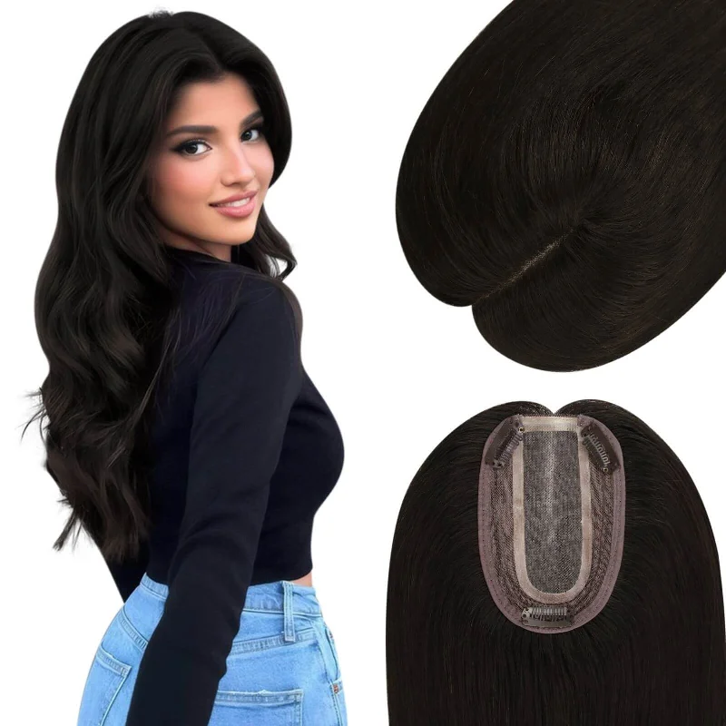 [US]Real Hair Topper 100% Virgin Human Hair Natural Black #1B