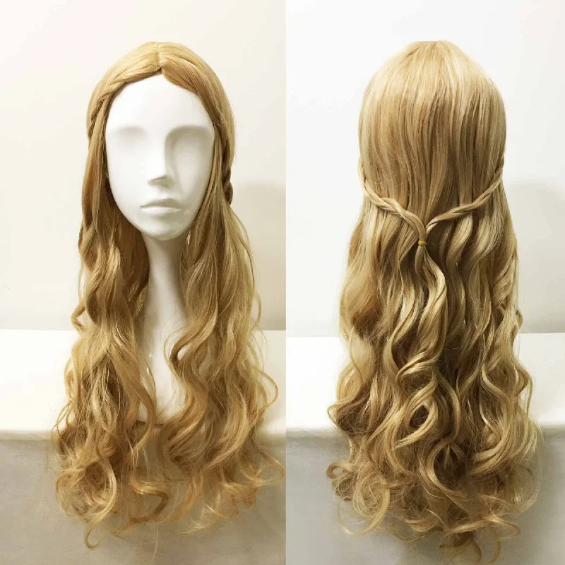 Women Blonde Long Curly Princess Style Braided Middle Part Wig