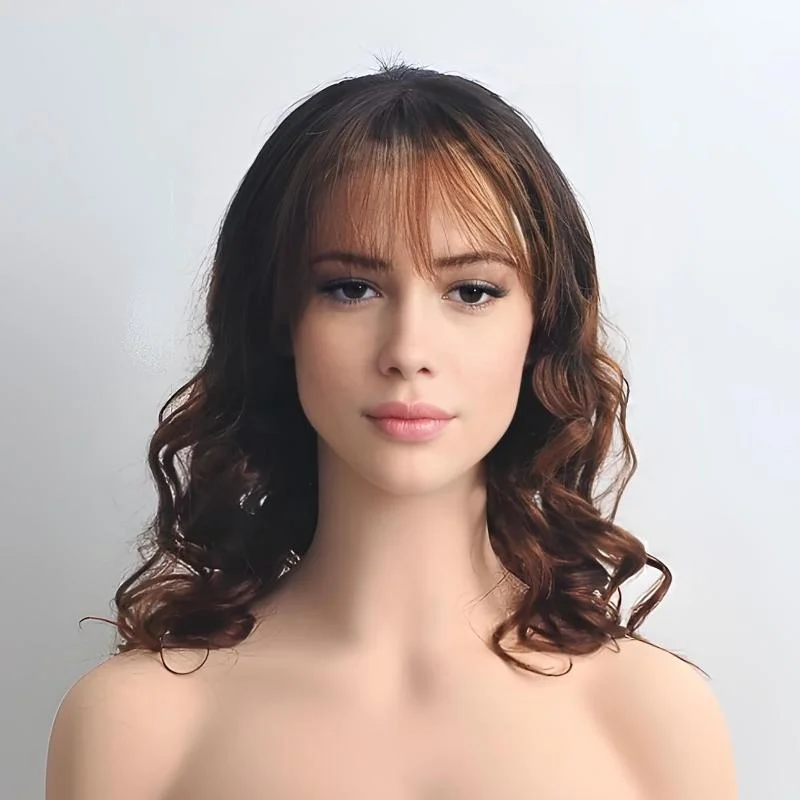 Women Dark Brown Human Hair Lace Front Wig With Bangs Ombre Dark Root Curly