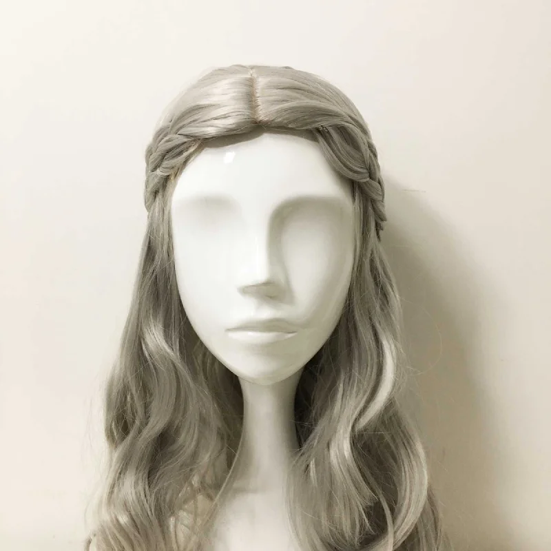 Women Gray Long Curly Princess Style Braided Middle Part Cosplay Wig