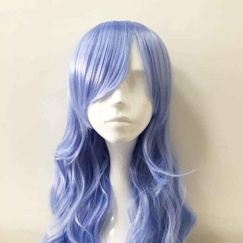 Women Light Blue Long Curly Side Swept Bangs Cosplay Wig