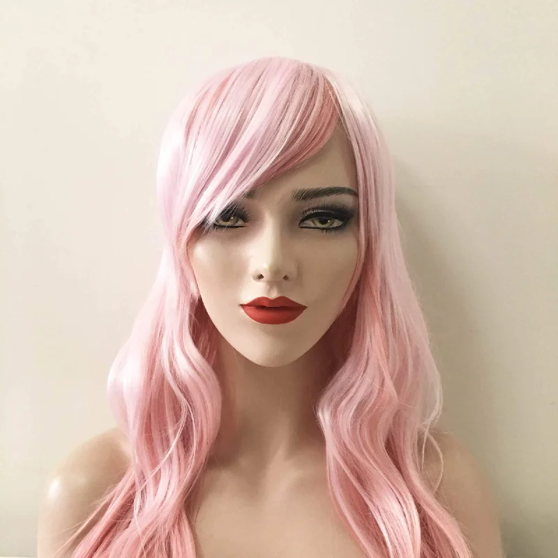 Women Pink Ombre Long Wavy  Side Swept Bangs Wig