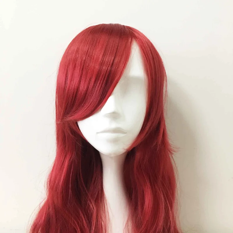 Women Red Long Curly Side Swept Bangs Cosplay Wig