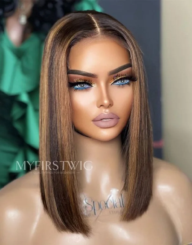 10-14 Inch Brown Highlight Bob Glueless Human Hair Lace Wig / Closure Wig - SPE067